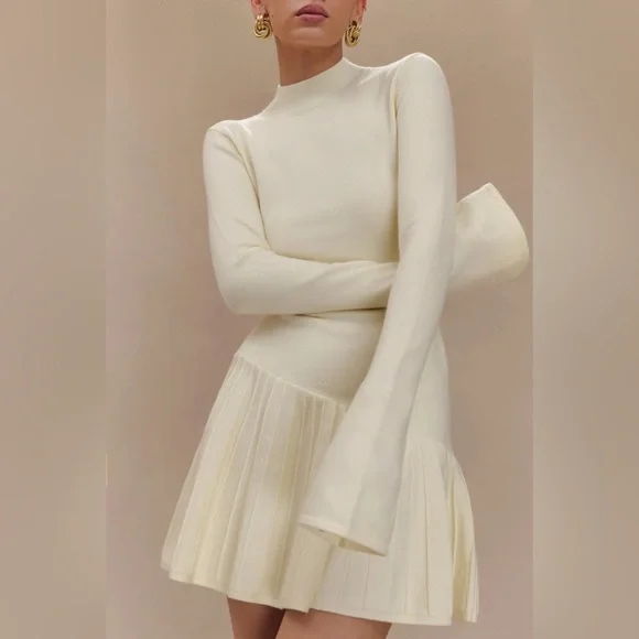 Meshki Blair Knit Mini Dress With Pleats - Ivory - Picture 4 of 15